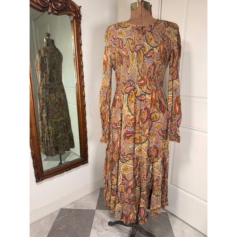 Rusttydustty Womens Paisley Smocked Tiered Midi Dress Long Sleeve Brown Boho L